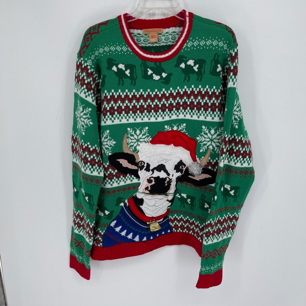 Jollidays Men's Green Santa Cow Bell Fair Isle Ugly Christmas Sweater Size XL